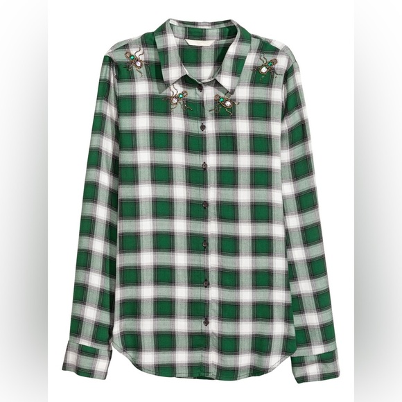 H&M Women’s Plaid Button Down Beetle Beaded Embellished Top Green/White 4 - Picture 1 of 10